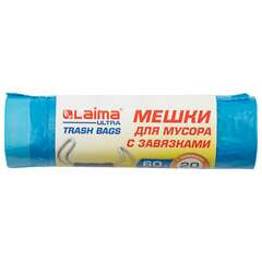  Мешки для мусора с завязками laima "ultra" 60 л, синие, рулон 20 шт., прочные, пнд 17 мкм, 60х70 см, 607692 | Мешки для мусора универсальные
