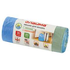  Мешки для мусора с завязками 30 л, синие, в рулоне 20 шт., прочные, пнд 12 мкм, 50х60 см, laima, 601395 | Мешки для мусора универсальные