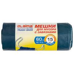  Мешки для мусора с завязками laima "ultra", 60 л, синие, рулон 15 шт., особо прочные, псд 30 мкм, 60х70 см, 607696 | Мешки для мусора универсальные