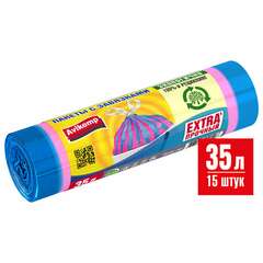  Мешки для мусора с завязками 35 л, в рулоне, 15 шт., псд, 20 мкм, 50х60 см, "полосатики", голубой/розовый, avikomp, 40196 | Мешки для мусора универсальные