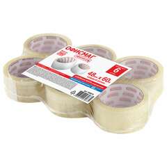  Клейкие ленты упаковочные, 48 мм х 60 м, комплект 6 шт., прозрачные, толщина 45 микрон, офисмаг, 440070 | Упаковочные клейкие ленты