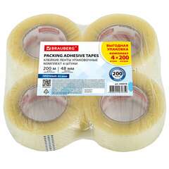  Клейкие ленты упаковочные, 48 мм х 200 м, комплект 4 шт., прозрачные, толщина 45 микрон, brauberg, 440078 | Упаковочные клейкие ленты