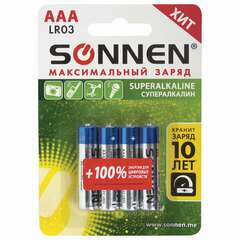  Батарейки комплект 4 шт., sonnen super alkaline, aaa (lr03, 24а), алкалиновые, мизинчиковые, в блистере, 451096 | Батарейки