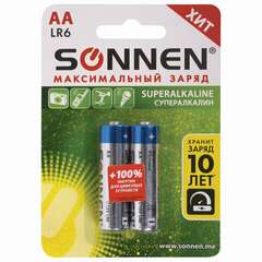  Батарейки комплект 2 шт., sonnen super alkaline, аа(lr6,15а), алкалиновые, пальчиковые, в блистере, 451093 | Батарейки