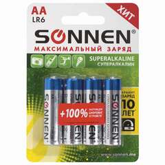  Батарейки комплект 4 шт., sonnen super alkaline, аа (lr6,15а), алкалиновые, пальчиковые, блистер, 451094 | Батарейки