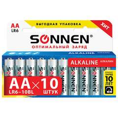  Батарейки комплект 10 шт., sonnen alkaline, аа (lr6, 15а), алкалиновые, пальчиковые, короб, 451086 | Батарейки