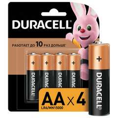  Батарейки комплект 4 шт., duracell basic оригинал, aa (lr6, 15а), алкалиновые, пальчиковые, mn 1500 аа lr6 | Батарейки