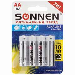 Батарейки комплект 4 шт., sonnen alkaline, аа (lr6, 15а), алкалиновые, пальчиковые, блистер, 451085 | Батарейки