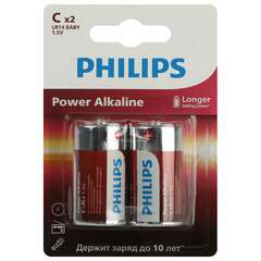  Батарейки алкалиновые комплект 2 шт., philips power alkaline, c (lr14, 14а), блистер, б0062687 | Батарейки