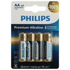  Батарейки алкалиновые "пальчиковые" комплект 4 шт., philips premium alkaline, аа (lr6, 24а), блистер, б0062753 | Батарейки