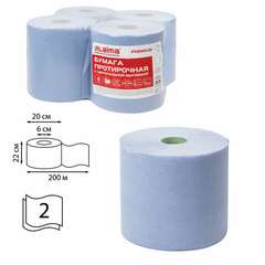  Бумага протирочная с центральной вытяжкой 200 м, laima (w1/w2) premium, 2 слоя, 667 листов, размер листа 22х30 см, комплект 4 рулона, 112512 | Протирочная бумага и материалы