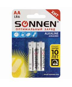  Батарейки комплект 2 шт., sonnen alkaline, аа (lr6, 15а), алкалиновые, пальчиковые, блистер, 451084 | Батарейки