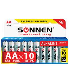  Батарейки комплект 10 шт., sonnen alkaline, аа (lr6, 15а), алкалиновые, пальчиковые, короб, 451086 | Батарейки