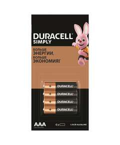  Батарейки комплект 4 шт. (отрывной блок), duracell simply оригинал, aaa (lr03,24а), алкалиновые, мизинчиковые, б0046869 | Батарейки