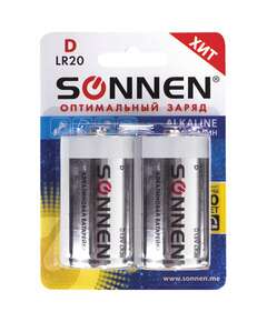  Батарейки комплект 2 шт, sonnen alkaline, d (lr20, 13а), алкалиновые, в блистере, 451091 | Батарейки