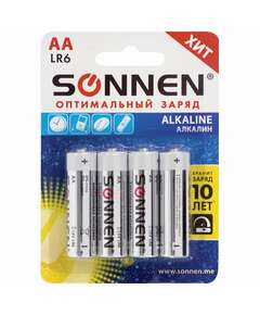  Батарейки комплект 4 шт., sonnen alkaline, аа (lr6, 15а), алкалиновые, пальчиковые, блистер, 451085 | Батарейки