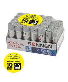  Батарейки комплект 30 (20+10) шт., sonnen alkaline, aa+ааа (lr6+lr03), в коробке, 455097 | Батарейки