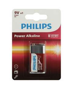  Батарейка алкалиновая 1 шт. philips power alkaline, крона 9v (6lr61, 6lf22, 1604a), блистер, б0062717 | Батарейки