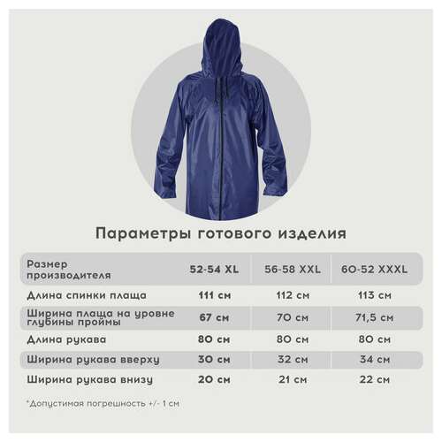 Дождевик-плащ синий на молнии многоразовый с пвх-покрытием, размер 60-62 (xxxl), рост 170-176, грандмастер, 610868  Дождевик-плащ синий на молнии многоразовый с пвх-покрытием, размер 60-62 (xxxl), рост 170-176, грандмастер, 610868 | Непромокаемые плащи и куртки