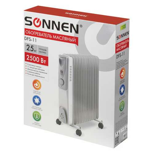  Обогреватель масляный sonnen dfs-11, 2500 вт, 11 секций, белый, 453500 | Масляные обогреватели