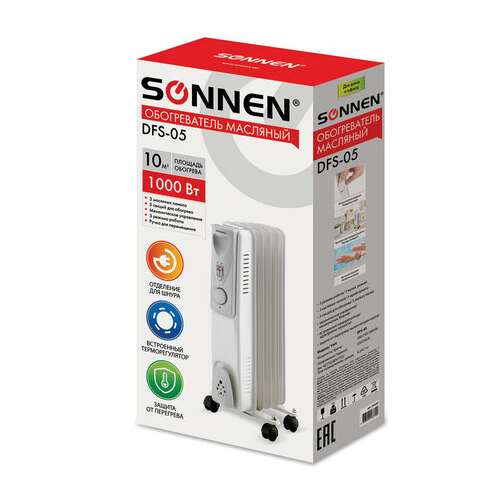  Обогреватель масляный sonnen dfs-05, 1000 вт, 5 секций, белый, 453497 | Масляные обогреватели