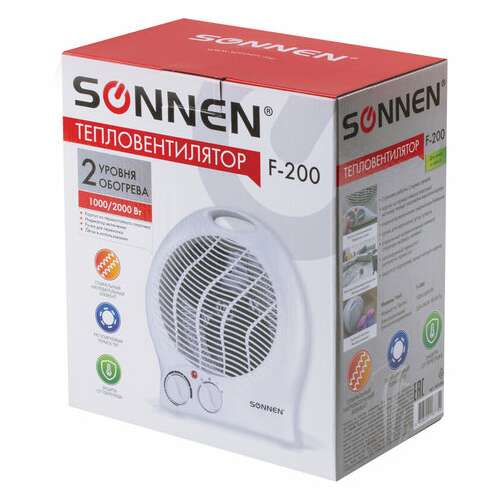  Тепловентилятор sonnen f-200, 1000/2000 вт, 2 режима работы, белый, 453493 | Тепловентиляторы