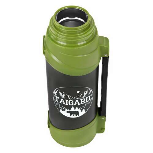  Термос классический, нержавеющая сталь, 2 л, черно-оливковый, 2 кружки, ручка + ремешок, taigaru, 608816 | Термосы