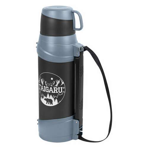  Термос классический, нержавеющая сталь 2 л, черно-серый, 2 кружки, ручка + ремешок, taigaru, 608818 | Термосы