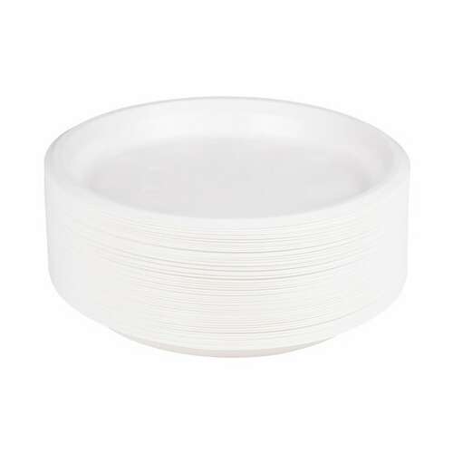  Одноразовые тарелки плоские, комплект 100 шт., пластик, d=220 мм, бюджет, белые, пс, холодное/горячее, laima, 600943 | Тарелки одноразовые