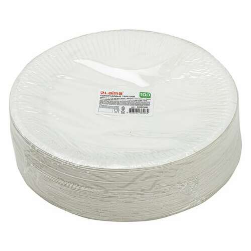  Тарелка одноразовая бумажная 230 мм, 100 штук, стандарт, жиростойкая ламинированная, laima, 608086 | Тарелки одноразовые