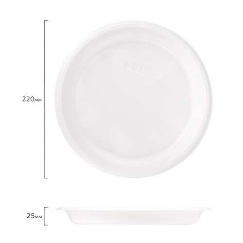  Одноразовые тарелки плоские, комплект 100 шт., пластик, d=220 мм, стандарт, белые, пп, холодное/горячее, laima, 602649 | Тарелки одноразовые