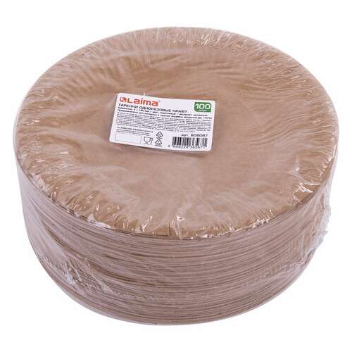  Тарелка одноразовая крафт бумажная 180 мм, комплект 100 штук, laima eco craft, 608087 | Тарелки одноразовые