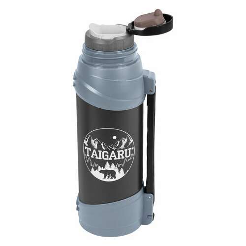  Термос классический, нержавеющая сталь 2 л, черно-серый, 2 кружки, ручка + ремешок, taigaru, 608818 | Термосы