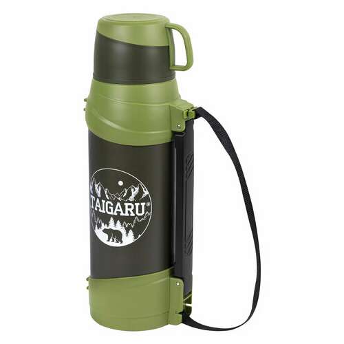  Термос классический, нержавеющая сталь, 2 л, черно-оливковый, 2 кружки, ручка + ремешок, taigaru, 608816 | Термосы