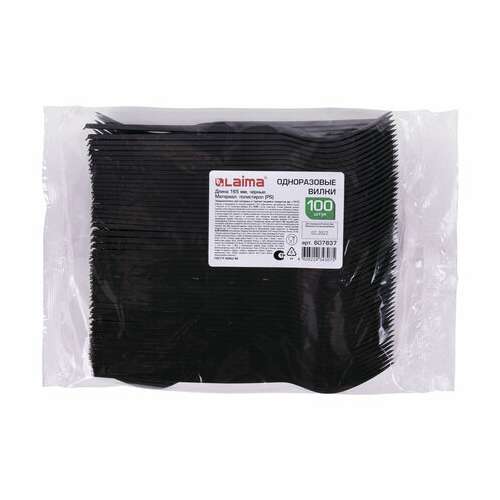  Вилка одноразовая пластиковая 165 мм, черная, комплект 100 шт., стандарт, laima, 607837 | Вилки одноразовые