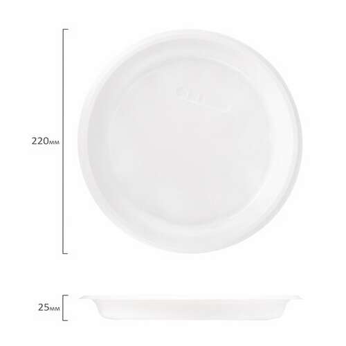  Одноразовые тарелки плоские, комплект 100 шт., пластик, d=220 мм, бюджет, белые, пс, холодное/горячее, laima, 600943 | Тарелки одноразовые