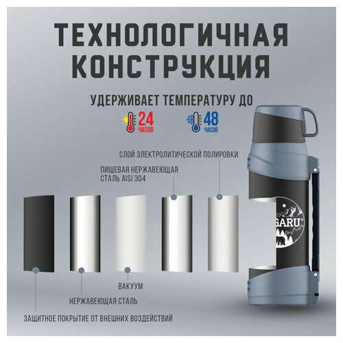  Термос классический, нержавеющая сталь 2 л, черно-серый, 2 кружки, ручка + ремешок, taigaru, 608818 | Термосы