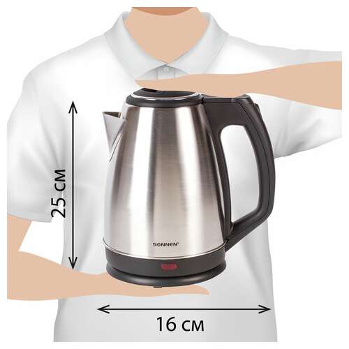  Чайник sonnen kt-118, 1,8 л, 1500 вт, закрытый нагревательный элемент, нержавеющая сталь, серебристый, 452926 | Чайники
