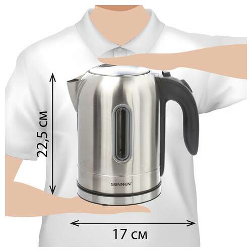  Чайник sonnen kt-1755, 1,7 л, 2200 вт, закрытый нагревательный элемент, нержавеющая сталь, 453419 | Чайники