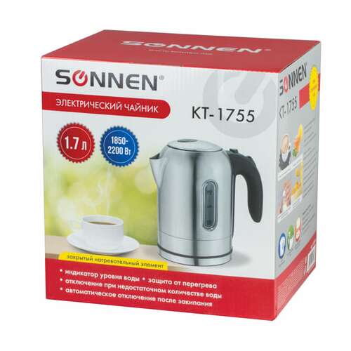  Чайник sonnen kt-1755, 1,7 л, 2200 вт, закрытый нагревательный элемент, нержавеющая сталь, 453419 | Чайники