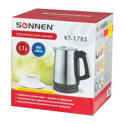  Чайник sonnen kt-1785, 1,7 л, 2200 вт, закрытый нагревательный элемент, нержавеющая сталь, 453420 | Чайники