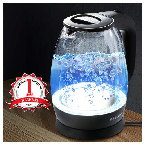  Чайник sonnen kt-1786, 1,7 л, 2200 вт, закрытый нагревательный элемент, стекло, 453422 | Чайники
