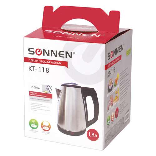  Чайник sonnen kt-118, 1,8 л, 1500 вт, закрытый нагревательный элемент, нержавеющая сталь, серебристый, 452926 | Чайники