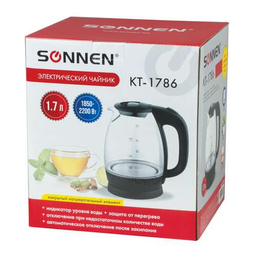  Чайник sonnen kt-1786, 1,7 л, 2200 вт, закрытый нагревательный элемент, стекло, 453422 | Чайники