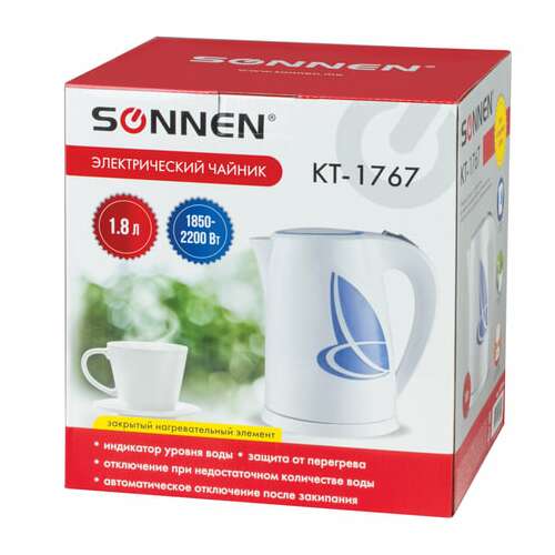  Чайник sonnen kt-1767, 1,8 л, 2200 вт, закрытый нагревательный элемент, пластик, белый/синий, 453416 | Чайники