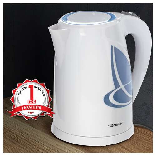  Чайник sonnen kt-1767, 1,8 л, 2200 вт, закрытый нагревательный элемент, пластик, белый/синий, 453416 | Чайники