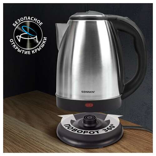  Чайник sonnen kt-118, 1,8 л, 1500 вт, закрытый нагревательный элемент, нержавеющая сталь, серебристый, 452926 | Чайники
