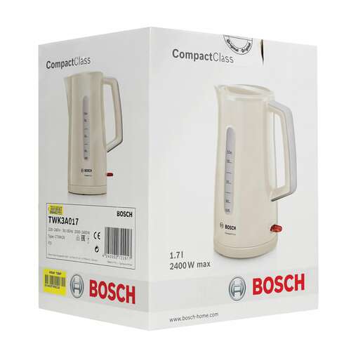  Чайник bosch twk3a017, 1,7 л, 2400 вт, закрытый нагревательный элемент, пластик, бежевый | Чайники