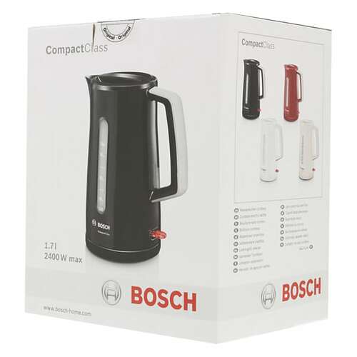  Чайник bosch twk3a013, 1,7 л, 2400 вт, закрытый нагревательный элемент, пластик, черный | Чайники