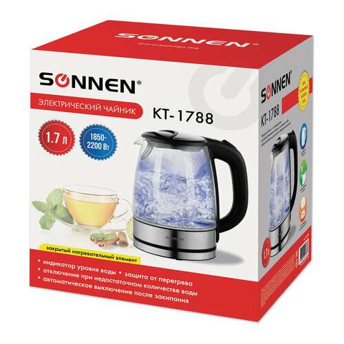 Чайник sonnen kt-1788, 1,7 л, 2200 вт, закрытый нагревательный элемент, стекло, черный, подсветка, 454349 | Чайники